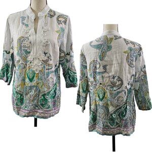 Charter Club Luxury Linen Paisley Print V-Neck Women’s Petite Large Tunic Top